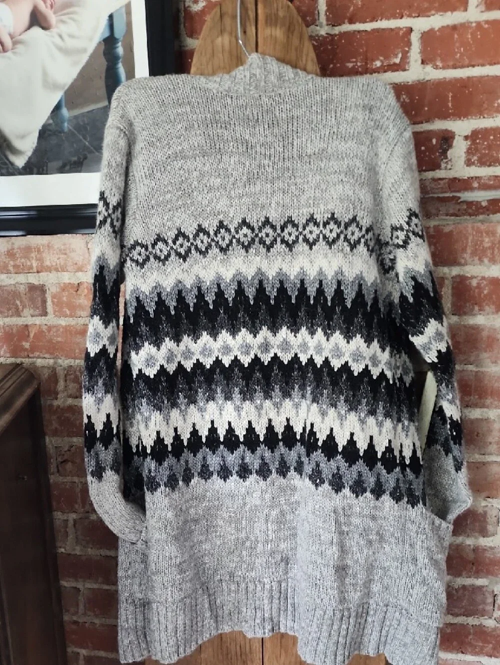 American Eagle Outfitters Grey Fair Isle Open-Front Cardigan - Picture 5 of 6